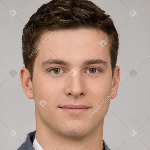 Neutral white young-adult male with short  brown hair and grey eyes