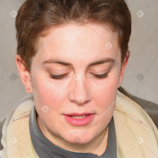 Joyful white young-adult female with short  brown hair and blue eyes