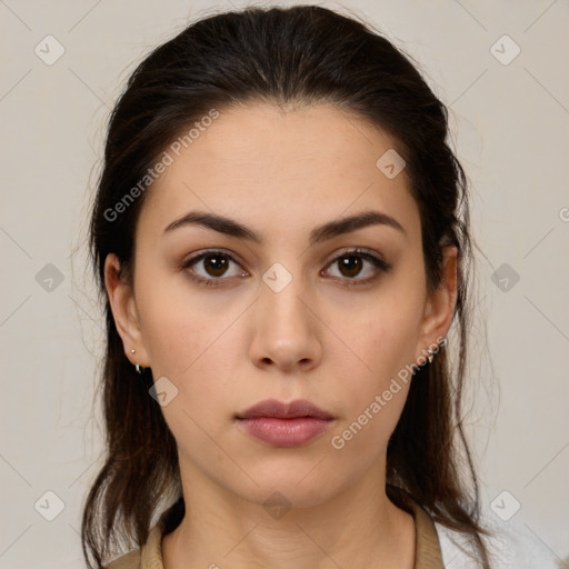 Neutral white young-adult female with medium  brown hair and brown eyes