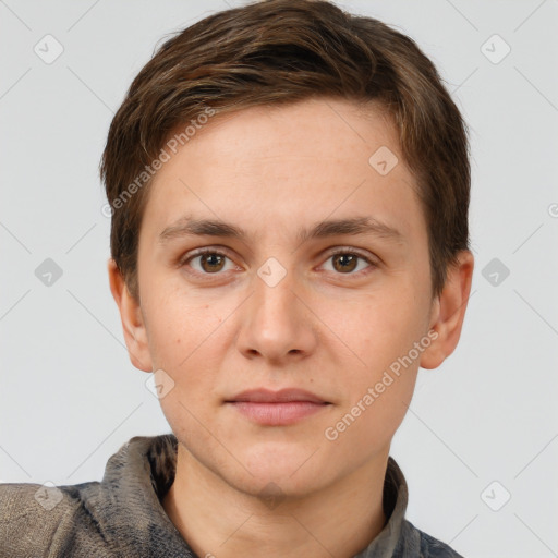 Neutral white young-adult male with short  brown hair and brown eyes