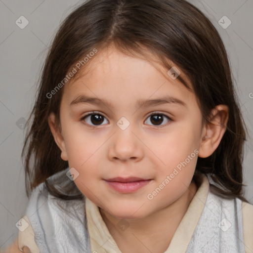 Joyful white child female with medium  brown hair and brown eyes