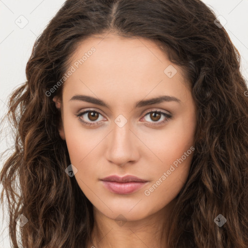 Neutral white young-adult female with long  brown hair and brown eyes