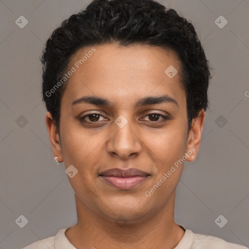 Joyful latino young-adult female with short  black hair and brown eyes