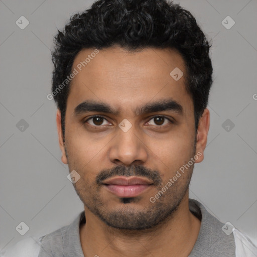 Neutral latino young-adult male with short  black hair and brown eyes