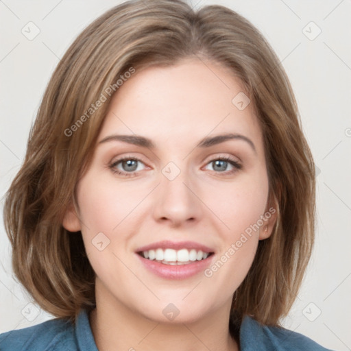 Joyful white young-adult female with medium  brown hair and blue eyes