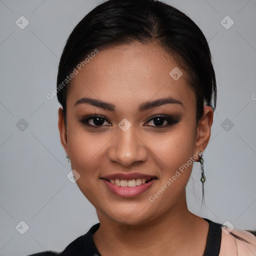 Joyful white young-adult female with short  brown hair and brown eyes