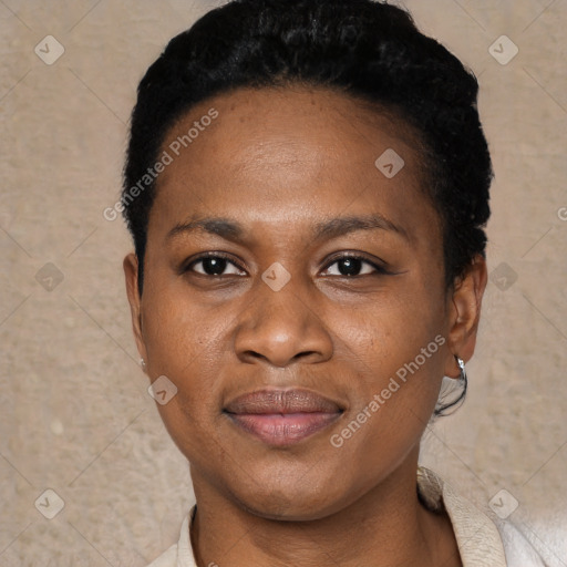 Joyful black young-adult female with short  black hair and brown eyes