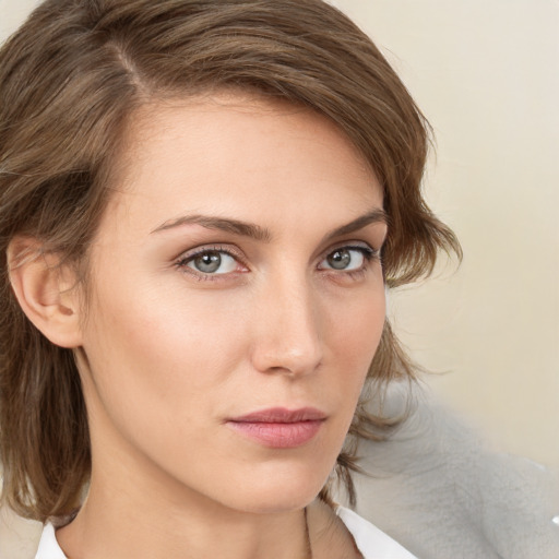 Neutral white young-adult female with medium  brown hair and blue eyes