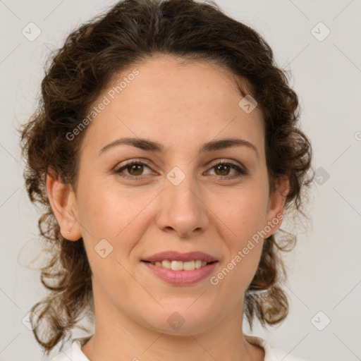 Joyful white young-adult female with medium  brown hair and green eyes