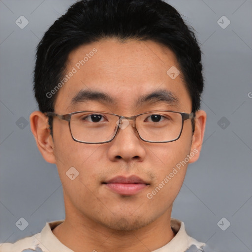 Neutral asian young-adult male with short  brown hair and brown eyes