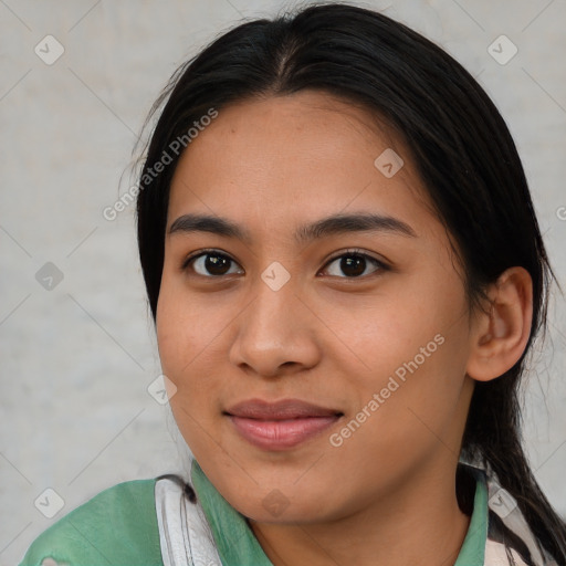 Joyful asian young-adult female with medium  black hair and brown eyes