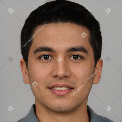 Joyful latino young-adult male with short  black hair and brown eyes