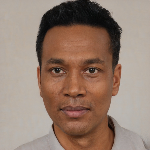 Neutral black adult male with short  black hair and brown eyes