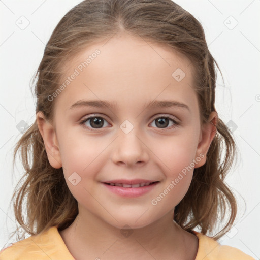 Joyful white child female with medium  brown hair and brown eyes