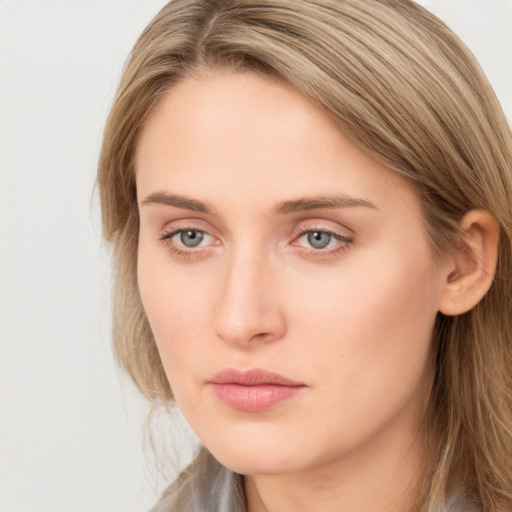 Neutral white young-adult female with long  brown hair and grey eyes