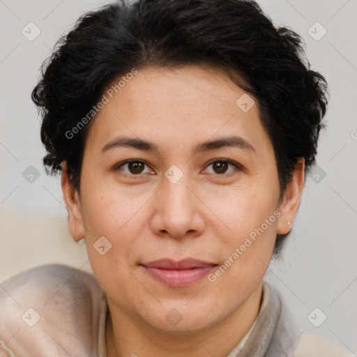 Joyful white adult female with short  brown hair and brown eyes