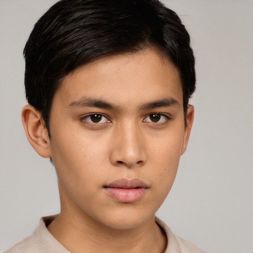 Neutral asian young-adult male with short  brown hair and brown eyes