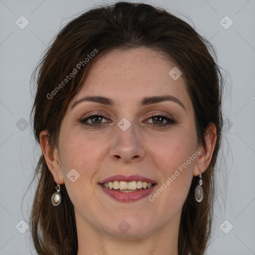 Joyful white young-adult female with medium  brown hair and grey eyes