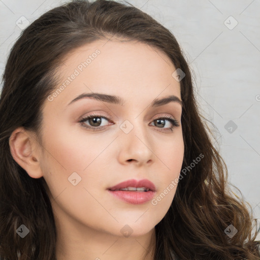 Neutral white young-adult female with long  brown hair and brown eyes