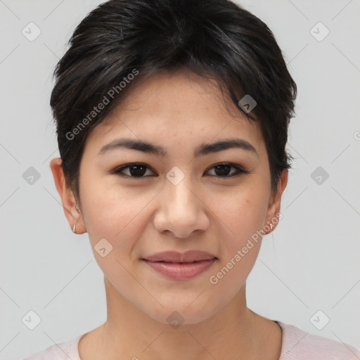 Joyful asian young-adult female with short  brown hair and brown eyes