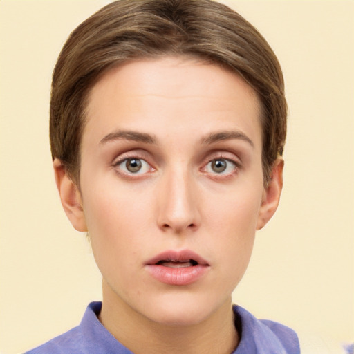 Neutral white young-adult female with short  brown hair and brown eyes