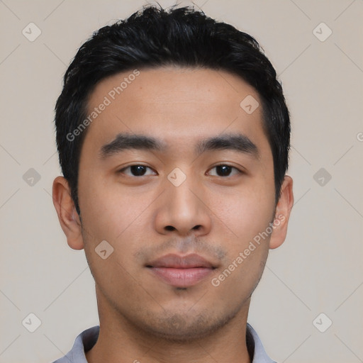 Neutral asian young-adult male with short  black hair and brown eyes