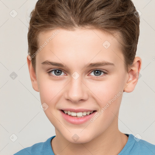 Joyful white child female with short  brown hair and brown eyes