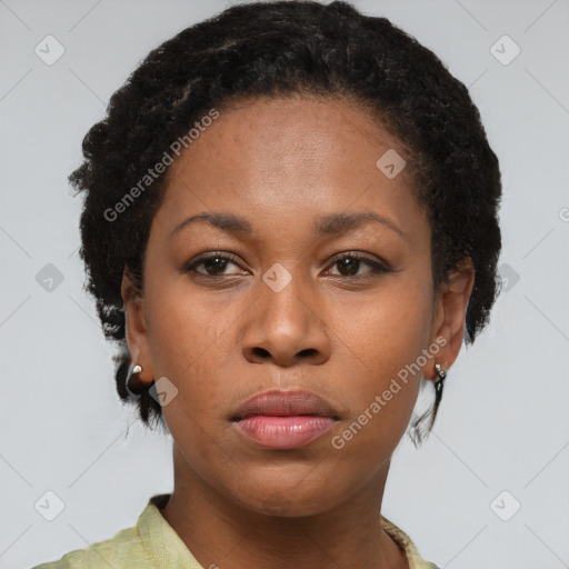 Neutral black young-adult female with short  brown hair and brown eyes