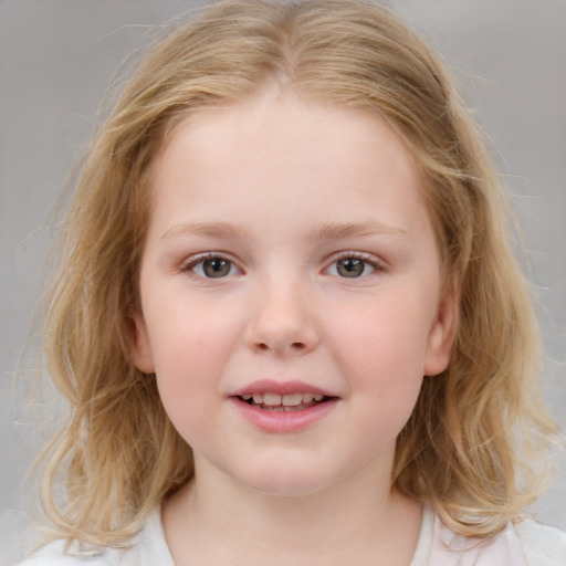 Joyful white child female with medium  brown hair and blue eyes