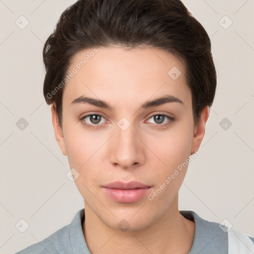 Neutral white young-adult female with short  brown hair and brown eyes