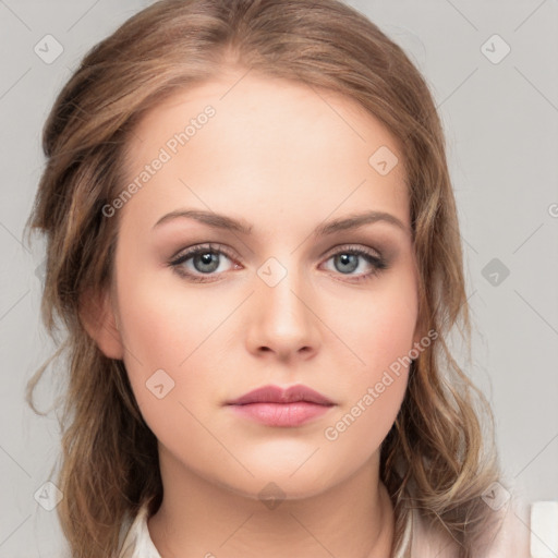 Neutral white young-adult female with medium  brown hair and grey eyes