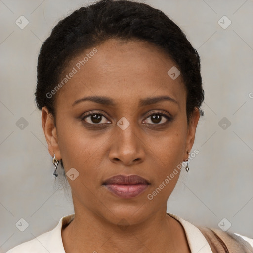 Neutral black young-adult female with short  brown hair and brown eyes