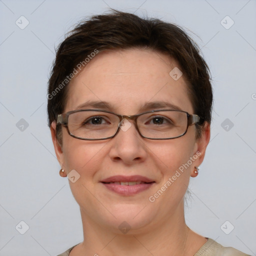 Joyful white adult female with short  brown hair and brown eyes