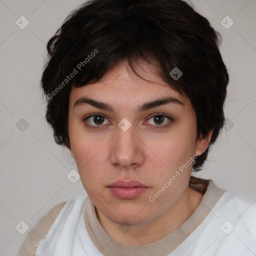 Neutral white young-adult female with short  brown hair and brown eyes