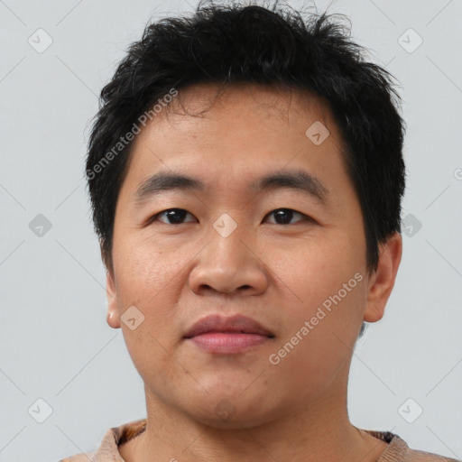 Neutral asian young-adult male with short  brown hair and brown eyes