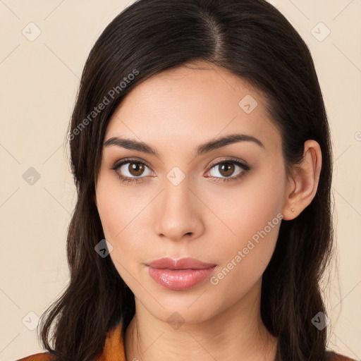 Neutral white young-adult female with long  brown hair and brown eyes