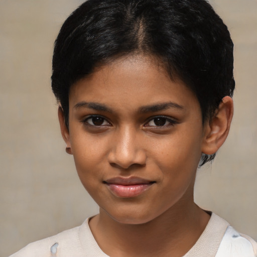 Joyful latino young-adult female with short  brown hair and brown eyes