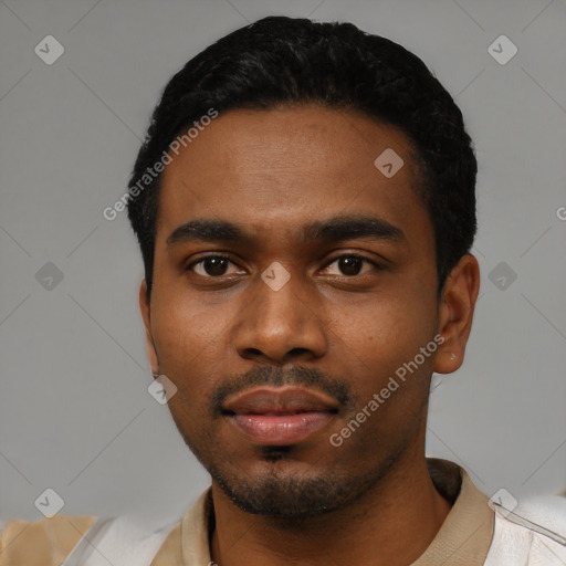 Neutral black young-adult male with short  black hair and brown eyes