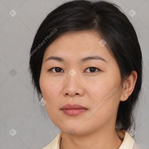 Neutral asian young-adult female with medium  brown hair and brown eyes