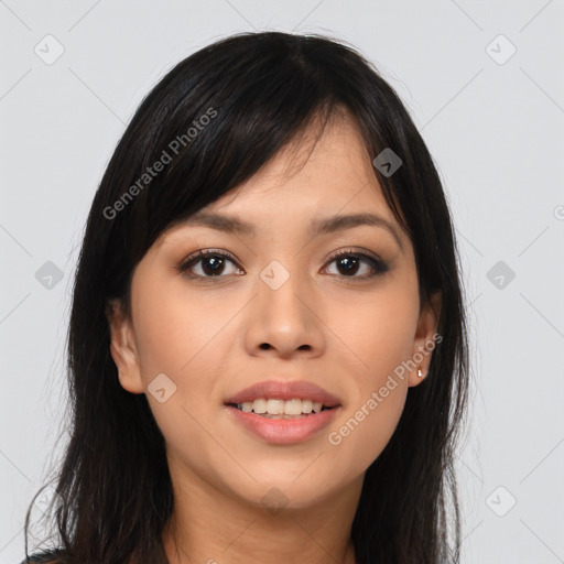 Joyful asian young-adult female with long  brown hair and brown eyes