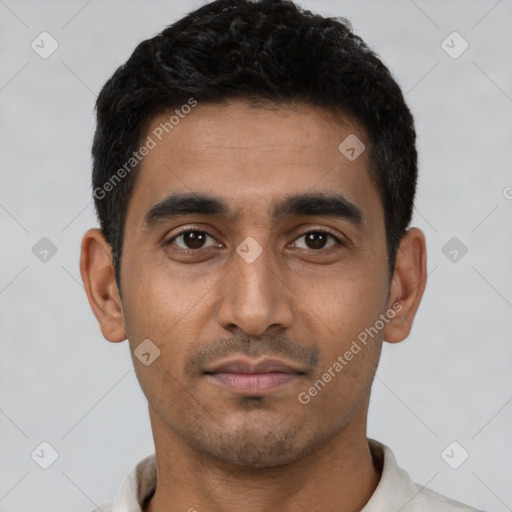 Neutral latino young-adult male with short  black hair and brown eyes