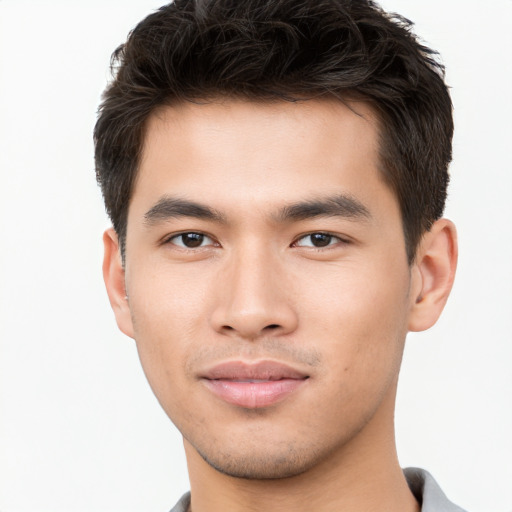 Neutral asian young-adult male with short  brown hair and brown eyes