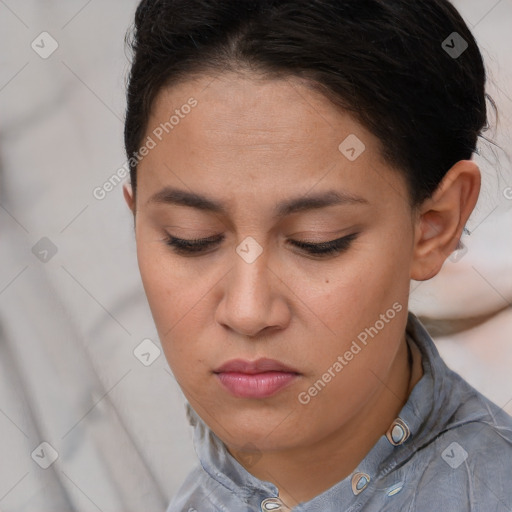 Neutral white young-adult female with short  brown hair and brown eyes