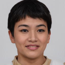 Joyful asian young-adult female with short  brown hair and brown eyes