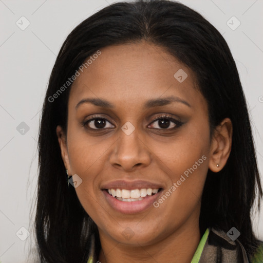 Joyful latino young-adult female with long  brown hair and brown eyes