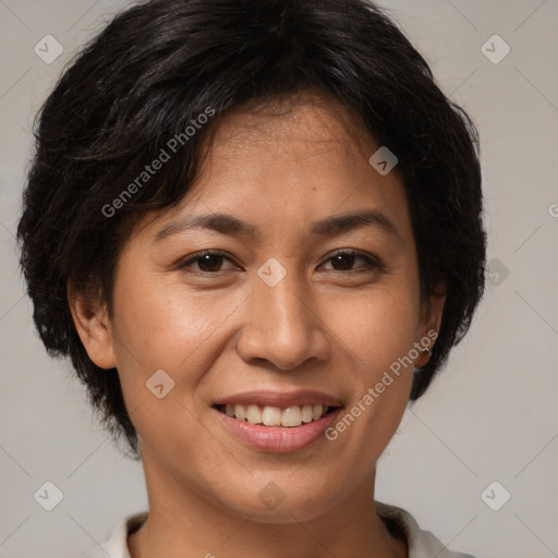 Joyful asian adult female with short  brown hair and brown eyes