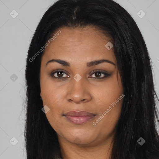 Joyful latino young-adult female with long  black hair and brown eyes