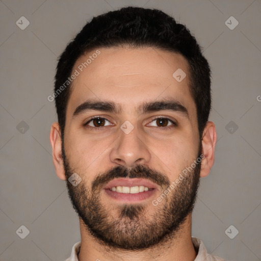 Neutral white young-adult male with short  brown hair and brown eyes