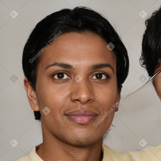 Joyful white young-adult female with short  brown hair and brown eyes