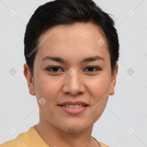 Joyful asian young-adult female with short  brown hair and brown eyes